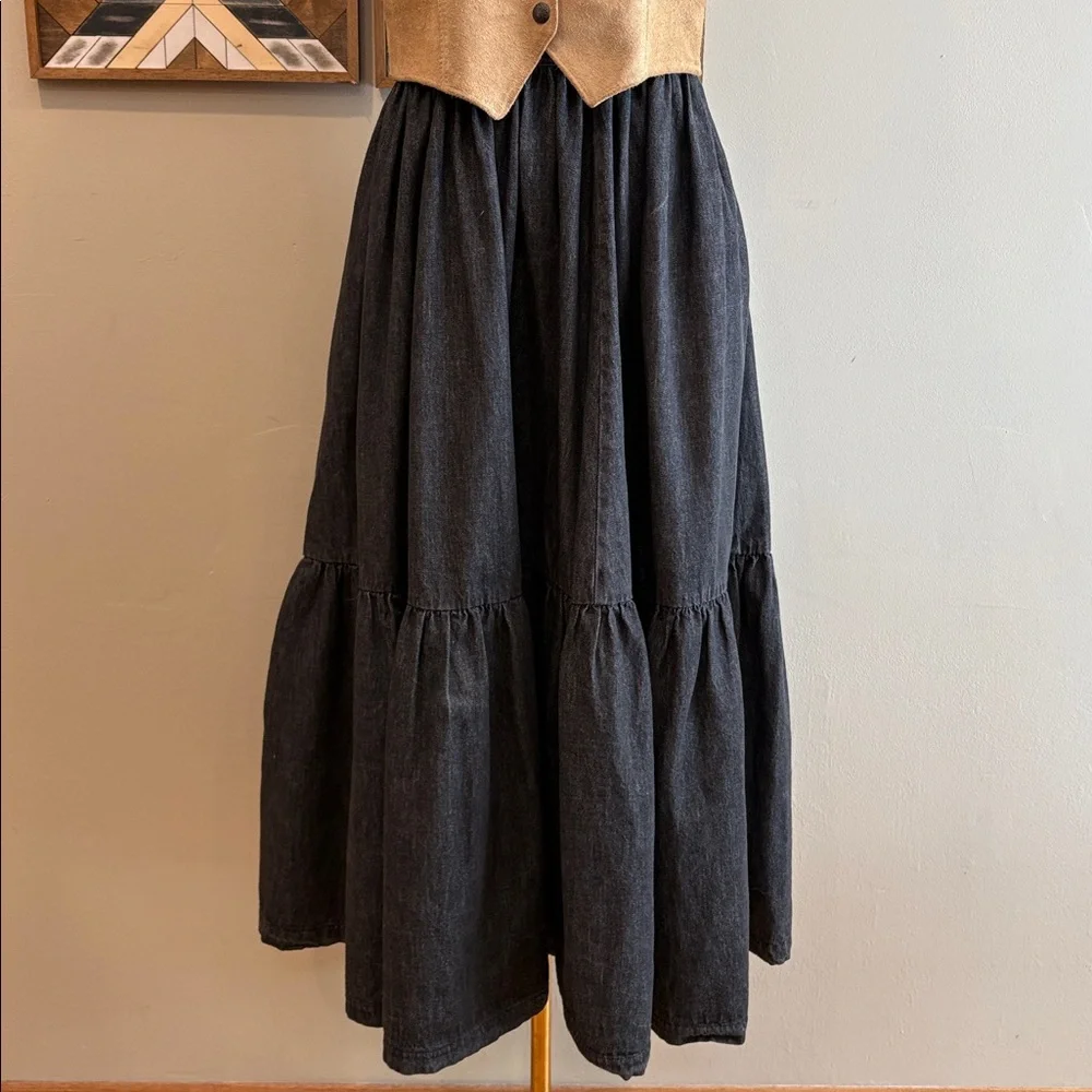 Vintage Ralph Lauren Blue Label 80s Black Denim Tiered Peasant Maxi Skirt sz 10 - Picture 12 of 15